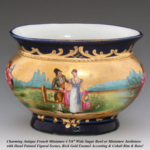 Antique French Miniature Jardiniere, Flower Bowl, Romantic Figures with Cobalt & Gold Enamel