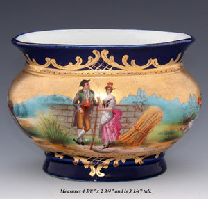 Antique French Miniature Jardiniere, Flower Bowl, Romantic Figures with Cobalt & Gold Enamel