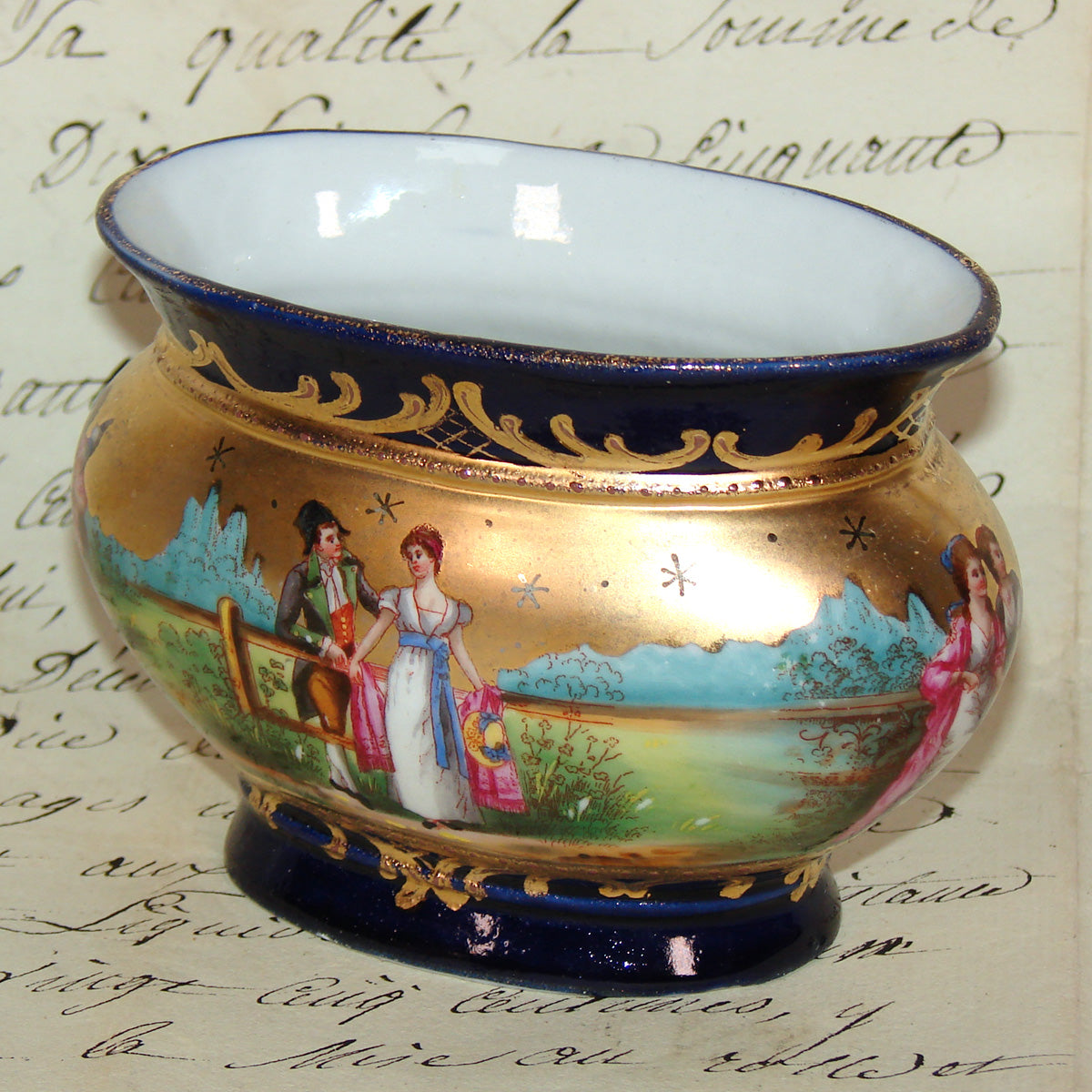 Antique French Miniature Jardiniere, Flower Bowl, Romantic Figures with Cobalt & Gold Enamel