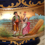 Antique French Miniature Jardiniere, Flower Bowl, Romantic Figures with Cobalt & Gold Enamel