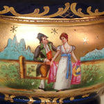 Antique French Miniature Jardiniere, Flower Bowl, Romantic Figures with Cobalt & Gold Enamel