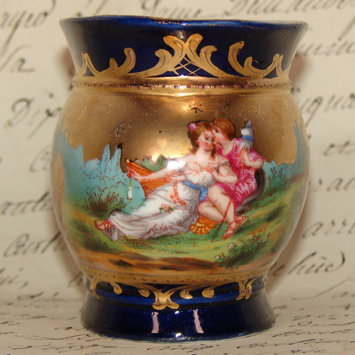 Antique French Miniature Jardiniere, Flower Bowl, Romantic Figures with Cobalt & Gold Enamel