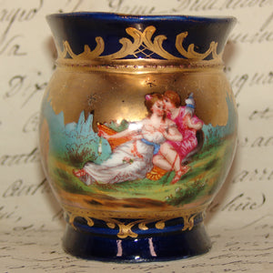 Antique French Miniature Jardiniere, Flower Bowl, Romantic Figures with Cobalt & Gold Enamel