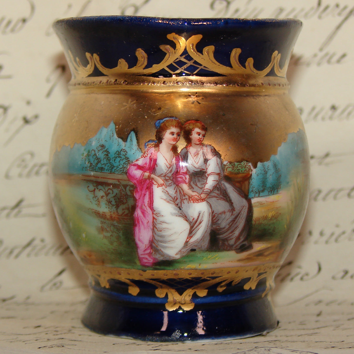 Antique French Miniature Jardiniere, Flower Bowl, Romantic Figures with Cobalt & Gold Enamel