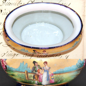 Antique French Miniature Jardiniere, Flower Bowl, Romantic Figures with Cobalt & Gold Enamel