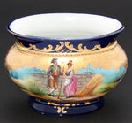 Antique French Miniature Jardiniere, Flower Bowl, Romantic Figures with Cobalt & Gold Enamel