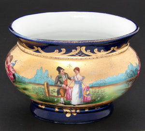 Antique French Miniature Jardiniere, Flower Bowl, Romantic Figures with Cobalt & Gold Enamel