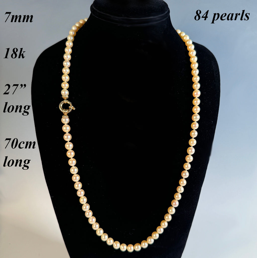Stunning Vintage 27" Pearl Necklace, 84 Beautiful Pearls, 7mm with Large 18k Gold Clasp