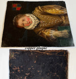 Antique Portrait Miniature 18th Century Royal w Crown, Pearls, Oil Painting on Copper Plaque