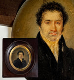 Antique French c.1830s Portrait Miniature, Handsome Gentleman with High Collar, Jacket