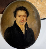 Antique French c.1830s Portrait Miniature, Handsome Gentleman with High Collar, Jacket