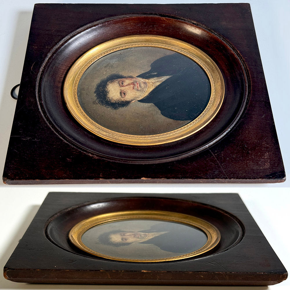 Antique French c.1830s Portrait Miniature, Handsome Gentleman with High Collar, Jacket