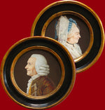 PAIR of Antique 18th Century Portrait Miniatures, French Revolution Era Nobleman and his Wife, Huge Lace Bonnet