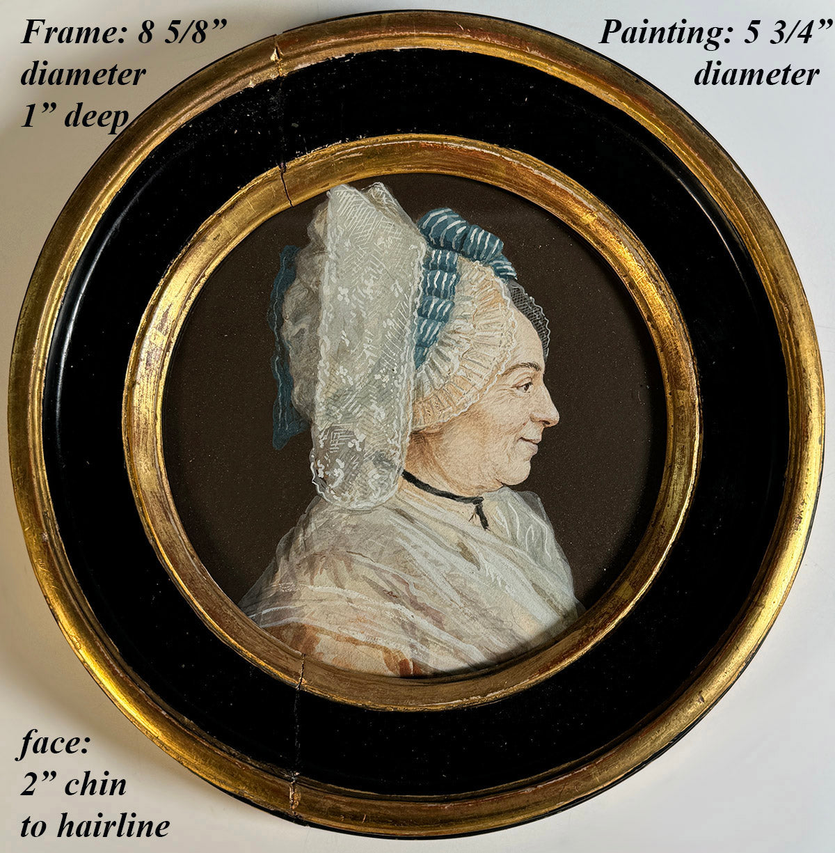 PAIR of Antique 18th Century Portrait Miniatures, French Revolution Era Nobleman and his Wife, Huge Lace Bonnet