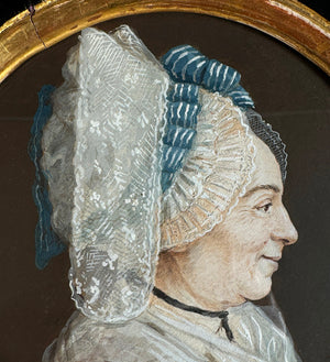 PAIR of Antique 18th Century Portrait Miniatures, French Revolution Era Nobleman and his Wife, Huge Lace Bonnet