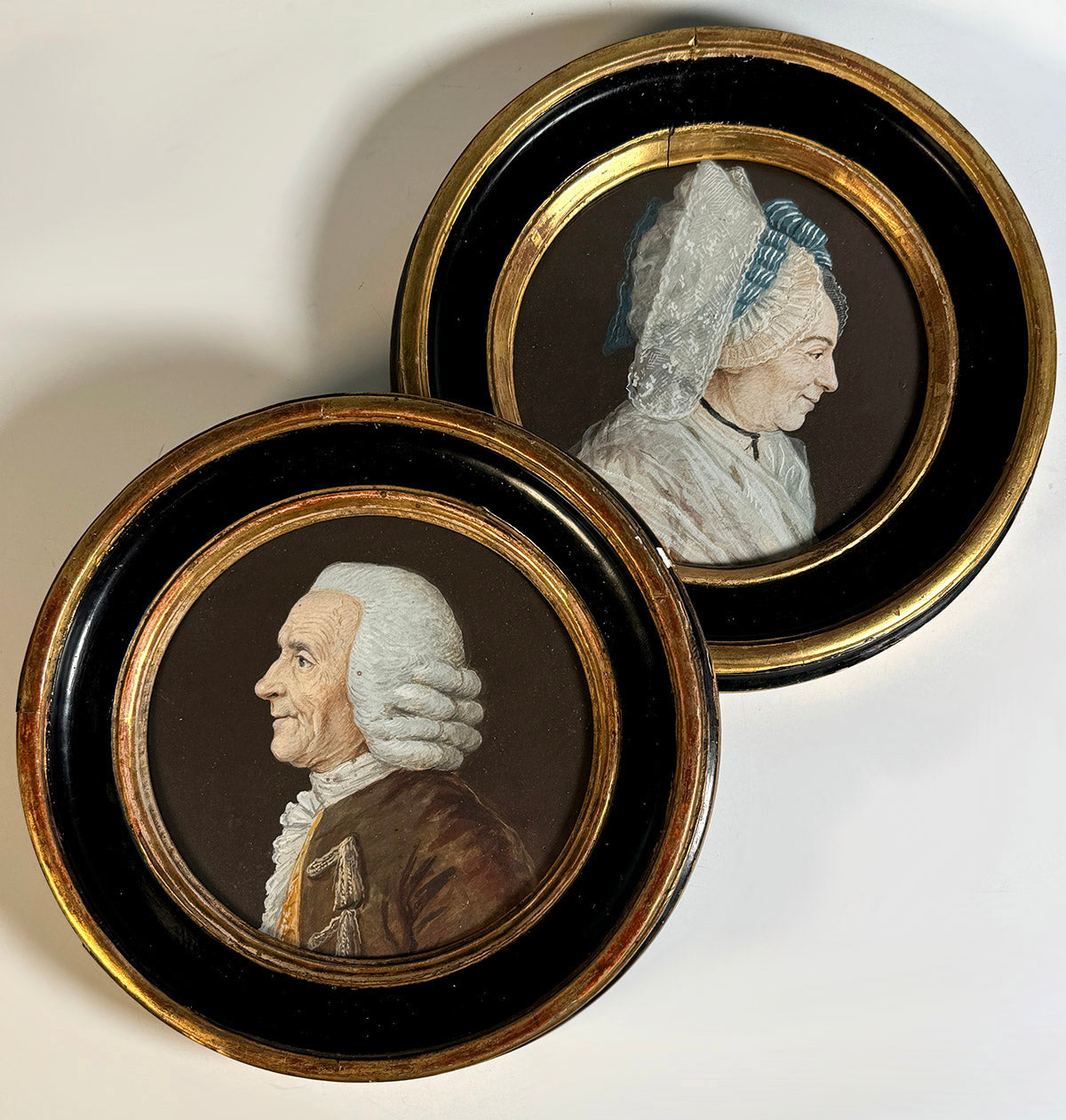 PAIR of Antique 18th Century Portrait Miniatures, French Revolution Era Nobleman and his Wife, Huge Lace Bonnet