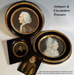 PAIR of Antique 18th Century Portrait Miniatures, French Revolution Era Nobleman and his Wife, Huge Lace Bonnet