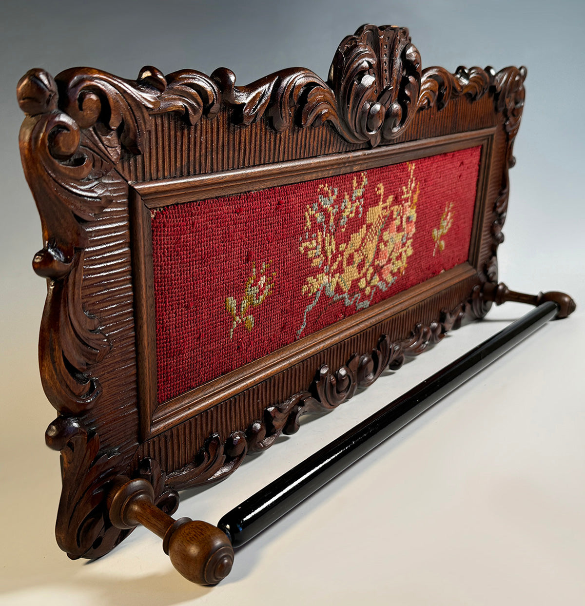 Antique Hand Carved 22"+ French Plaque and Towel Rack with Needlepoint, Napoleon III, Victorian Era