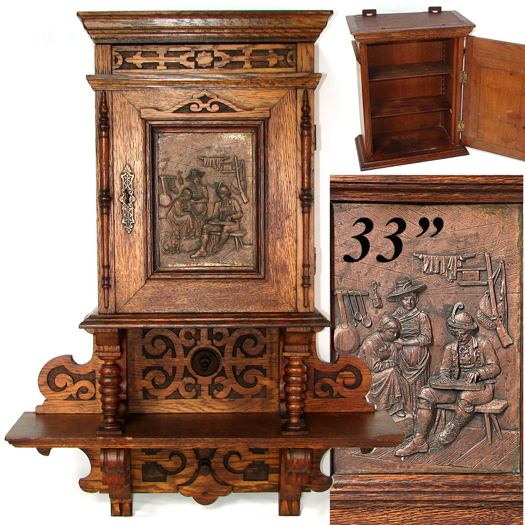 Huge Antique Victorian Era Carved European Oak 33" Cabinet with Attached Shelf, Figural Plaque