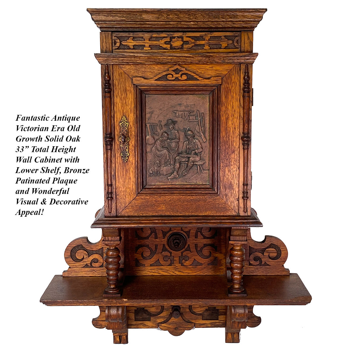 Huge Antique Victorian Era Carved European Oak 33" Cabinet with Attached Shelf, Figural Plaque