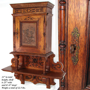 Huge Antique Victorian Era Carved European Oak 33" Cabinet with Attached Shelf, Figural Plaque