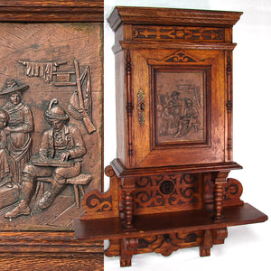 Huge Antique Victorian Era Carved European Oak 33" Cabinet with Attached Shelf, Figural Plaque