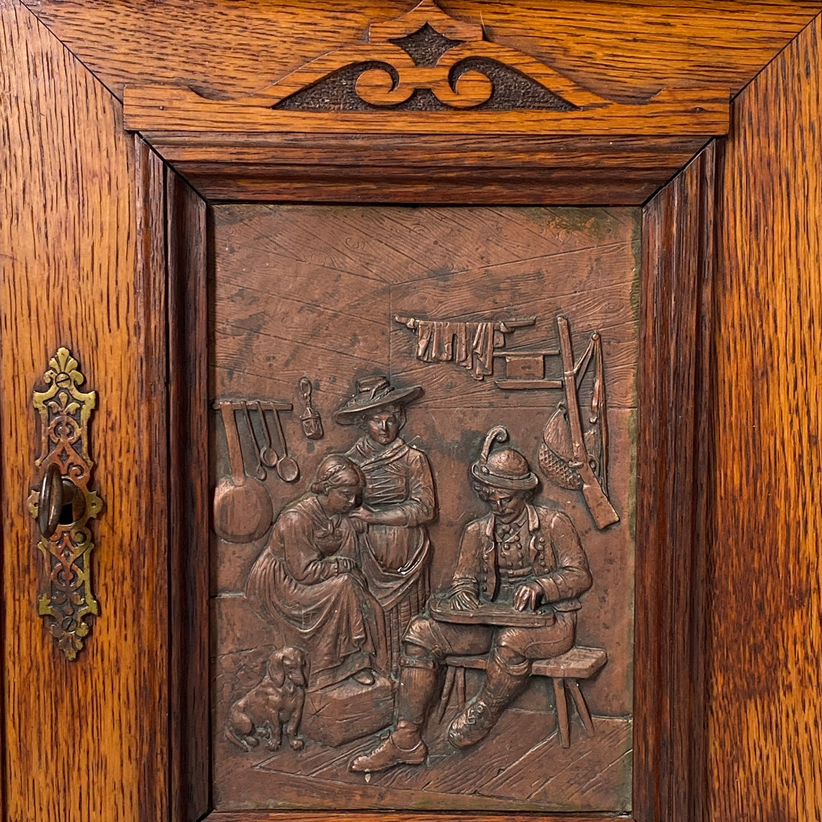 Huge Antique Victorian Era Carved European Oak 33" Cabinet with Attached Shelf, Figural Plaque