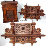 Huge Antique Victorian Era Carved European Oak 33" Cabinet with Attached Shelf, Figural Plaque