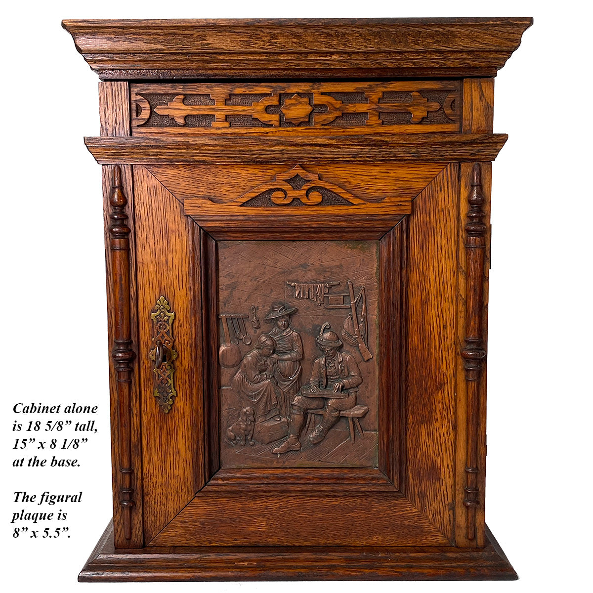 Huge Antique Victorian Era Carved European Oak 33" Cabinet with Attached Shelf, Figural Plaque