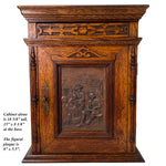 Huge Antique Victorian Era Carved European Oak 33" Cabinet with Attached Shelf, Figural Plaque