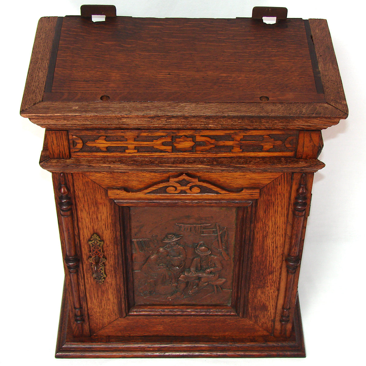 Huge Antique Victorian Era Carved European Oak 33" Cabinet with Attached Shelf, Figural Plaque