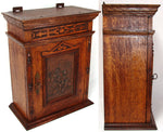 Huge Antique Victorian Era Carved European Oak 33" Cabinet with Attached Shelf, Figural Plaque