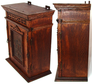 Huge Antique Victorian Era Carved European Oak 33" Cabinet with Attached Shelf, Figural Plaque