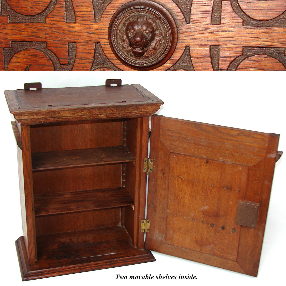 Huge Antique Victorian Era Carved European Oak 33" Cabinet with Attached Shelf, Figural Plaque