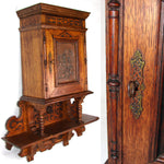 Huge Antique Victorian Era Carved European Oak 33" Cabinet with Attached Shelf, Figural Plaque