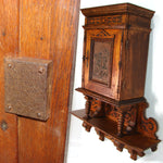 Huge Antique Victorian Era Carved European Oak 33" Cabinet with Attached Shelf, Figural Plaque