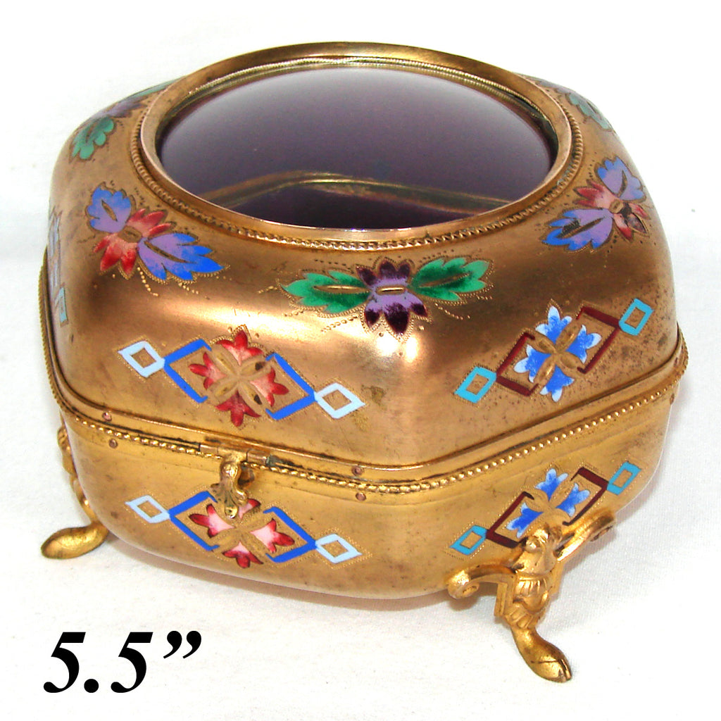 Lg Antique French Victorian Gilt & Champleve Enamel 5.5" Jewelry Casket, Hexagonal Box with Convex Glass