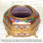 Lg Antique French Victorian Gilt & Champleve Enamel 5.5" Jewelry Casket, Hexagonal Box with Convex Glass