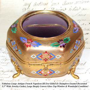 Lg Antique French Victorian Gilt & Champleve Enamel 5.5" Jewelry Casket, Hexagonal Box with Convex Glass