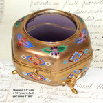 Lg Antique French Victorian Gilt & Champleve Enamel 5.5" Jewelry Casket, Hexagonal Box with Convex Glass