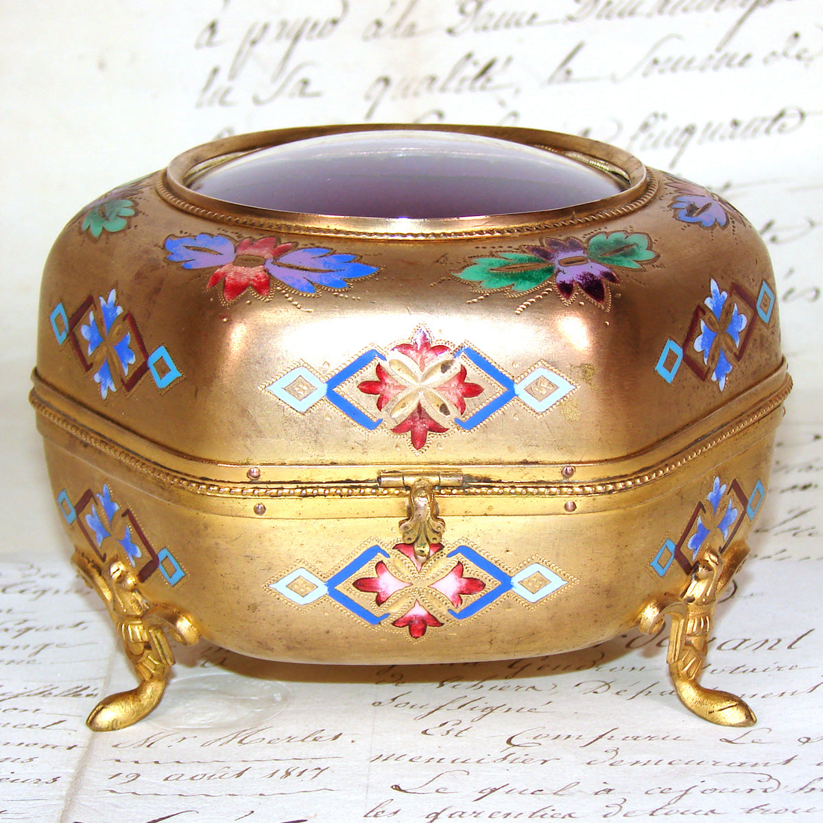 Lg Antique French Victorian Gilt & Champleve Enamel 5.5" Jewelry Casket, Hexagonal Box with Convex Glass