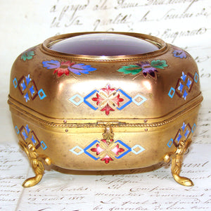 Lg Antique French Victorian Gilt & Champleve Enamel 5.5" Jewelry Casket, Hexagonal Box with Convex Glass