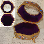 Lg Antique French Victorian Gilt & Champleve Enamel 5.5" Jewelry Casket, Hexagonal Box with Convex Glass