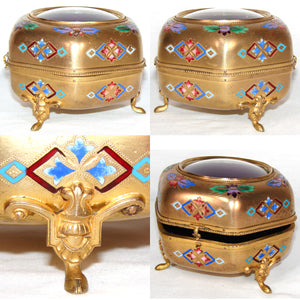 Lg Antique French Victorian Gilt & Champleve Enamel 5.5" Jewelry Casket, Hexagonal Box with Convex Glass