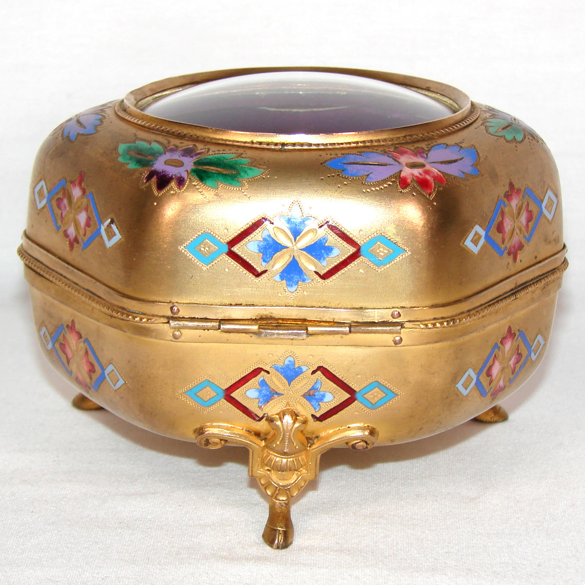 Lg Antique French Victorian Gilt & Champleve Enamel 5.5" Jewelry Casket, Hexagonal Box with Convex Glass