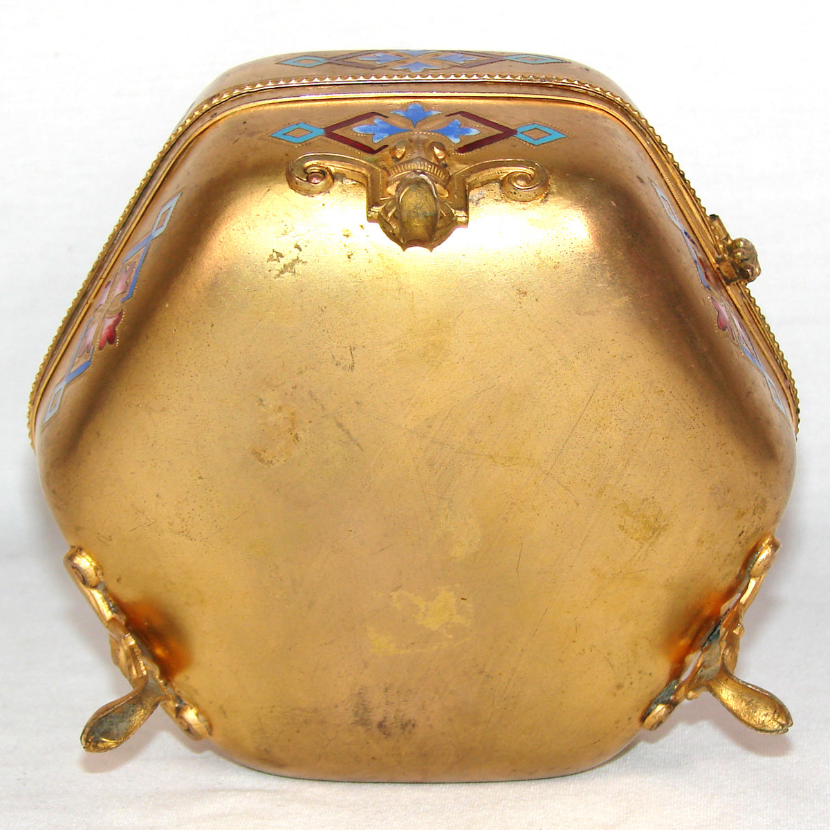 Lg Antique French Victorian Gilt & Champleve Enamel 5.5" Jewelry Casket, Hexagonal Box with Convex Glass