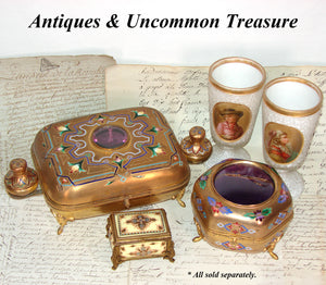 Lg Antique French Victorian Gilt & Champleve Enamel 5.5" Jewelry Casket, Hexagonal Box with Convex Glass