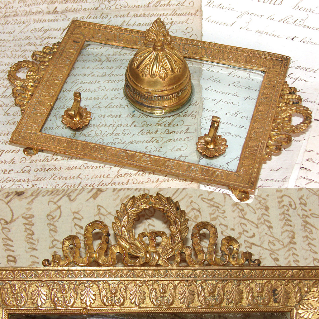 Antique French Empire Style Gilt Bronze & Glass Inkwell w/ Pen Holder, Bow & Ribbon, Laurel Garland