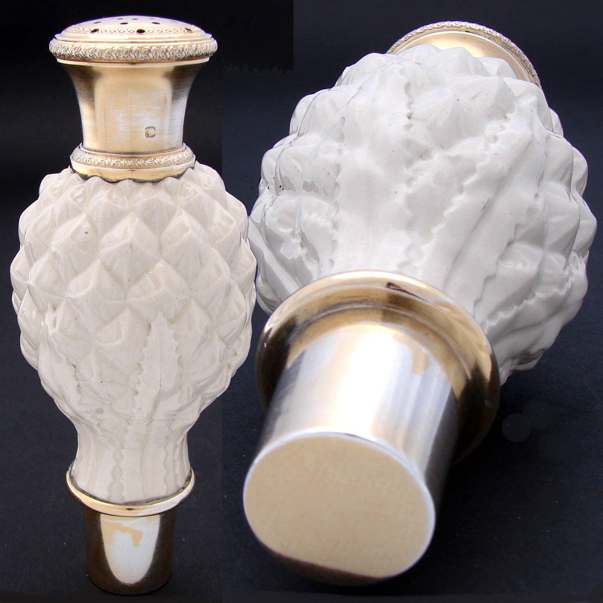 Antique French Gold Vermeil on Sterling Silver Shaker or Caster, Pottery Artichoke Shaped Body