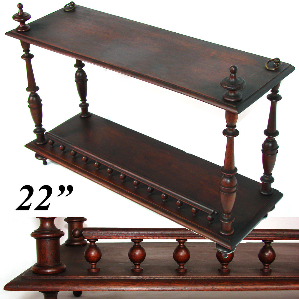 Antique Victorian Era 22" Wide Wall or Counter Top Shelf, Turned Wood & Spindle Rail